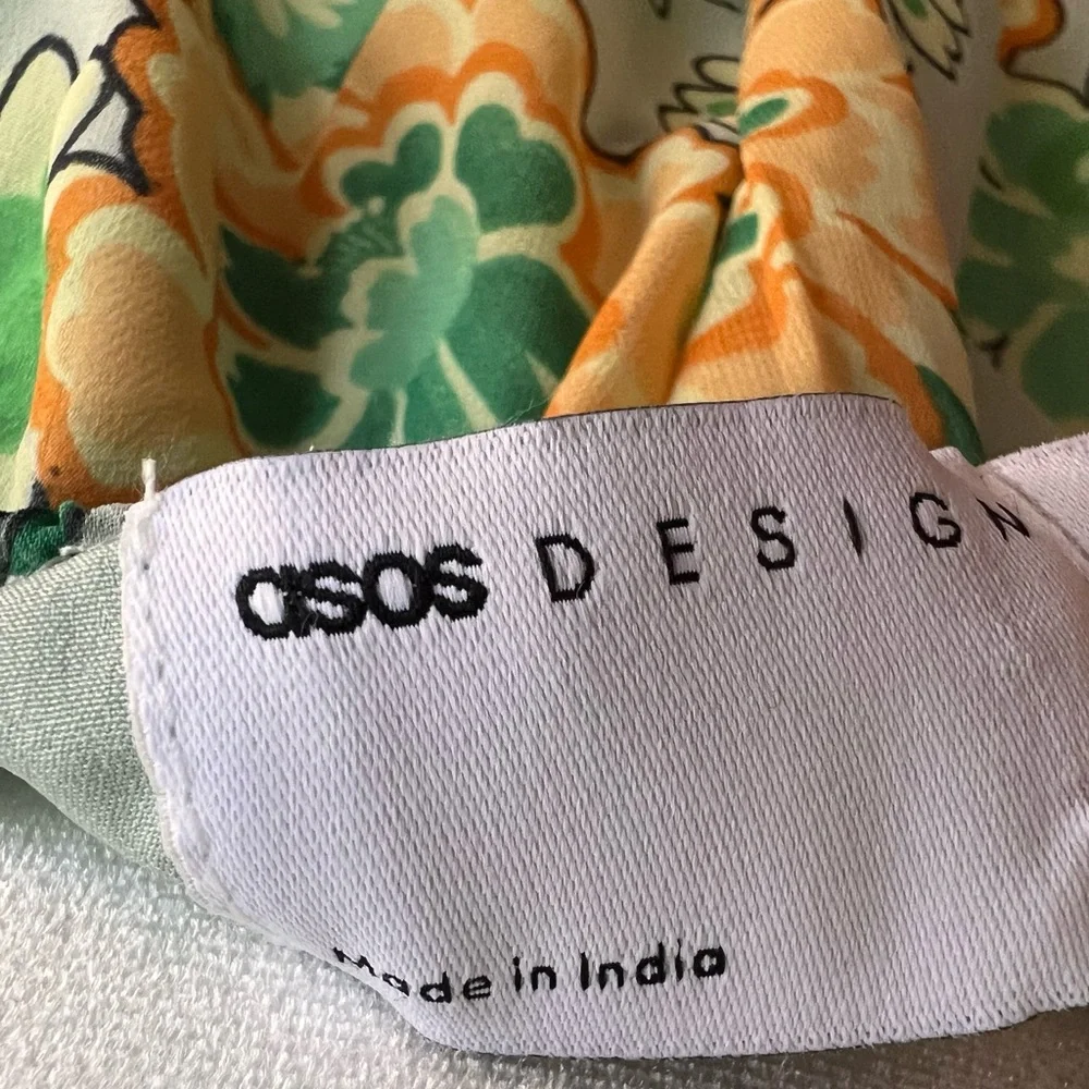 ASOS Green Orange Floral Open Back Smocked Mini Dress 70s Retro 4